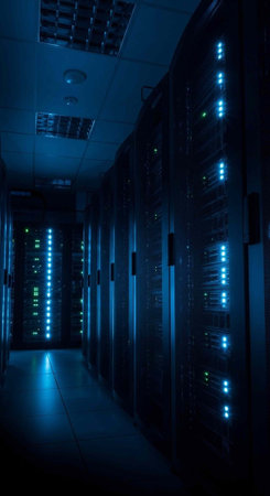 A dimly lit server room with blue glowing lights and rows of computer servers and equipment