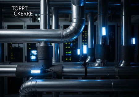 Close-up of industrial pipes with blue lights, metallic tubes, and fittings in a dark settingの写真素材