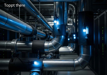 A complex network of metallic pipes with blue illuminated joints in a dimly lit industrial setting.の写真素材