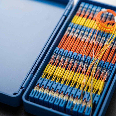 A blue case containing rows of organized yellow and orange fiber optic cables with connectors