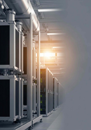 A long corridor of a data center with rows of server racks and industrial pipes overhead