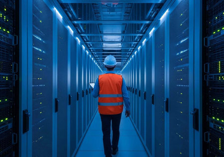 A worker in a hard hat and orange safety vest walks through a blue-lit server room