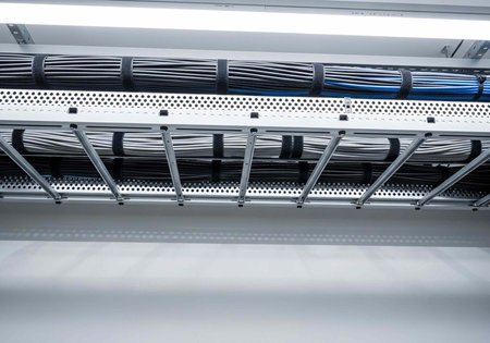 A neatly organized network cable management system with metal rack and wires in a data center