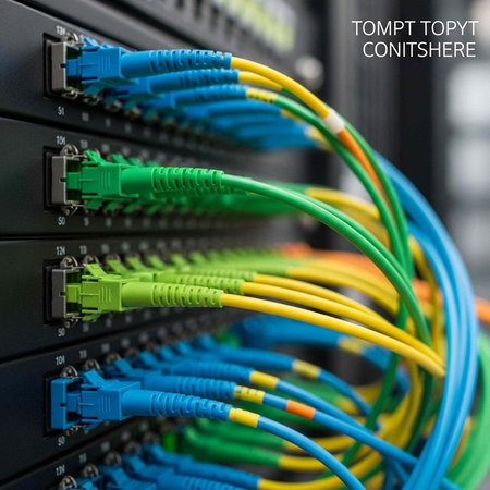 Close-up of network switch with blue, green, and yellow Ethernet cables plugged in