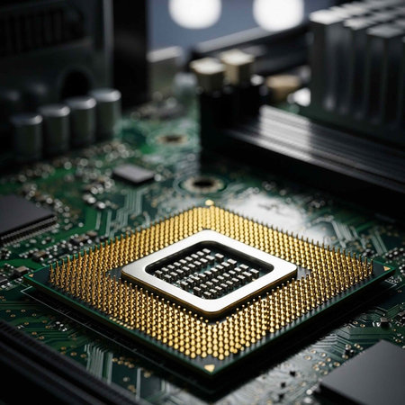 A computer processor with gold pins and a black center sits on a green circuit board