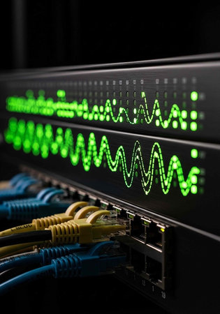Close-up of network switch with green lights and blue, yellow Ethernet cables in dark setting
