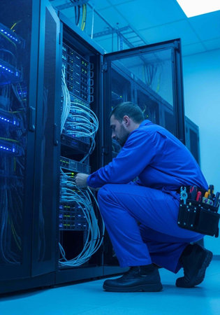Man in blue uniform crouching beside open server cabinet with cables and toolsの写真素材