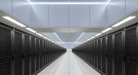 A large, modern server room with symmetrical rows of black servers and bright overhead lighting