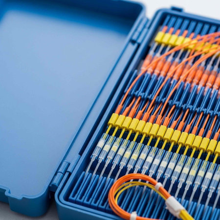 Blue case with organized fiber optic cables and yellow, orange connectors visible inside