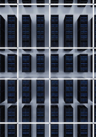 Multiple rows of identical black server racks with blue lights on a gray background