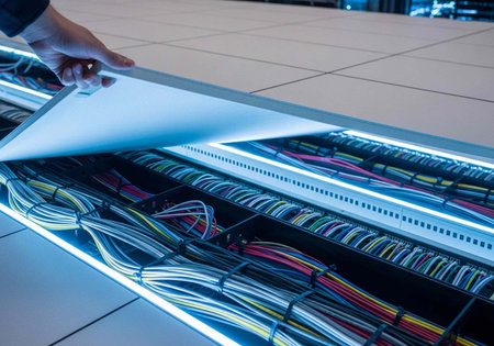 Hand lifting a floor tile to reveal server room with organized colorful wires and cables underneathの写真素材