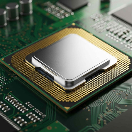 A silver computer processor sits on a gold contact pad on a green circuit board