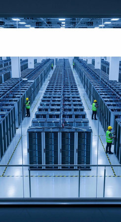 A vast data center with numerous server racks and two workers in green vests and yellow helmets