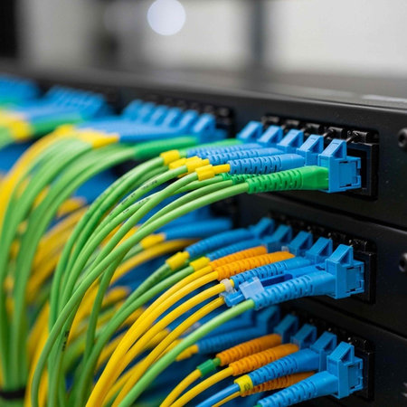 Close-up of green, yellow, and orange cables plugged into a black network switch
