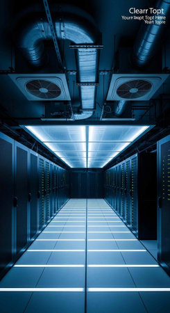 A dimly lit server room with blue lighting, rows of computer equipment, and industrial fans overhead