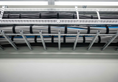 A neatly organized network cable management system with metal rack and various colored wires