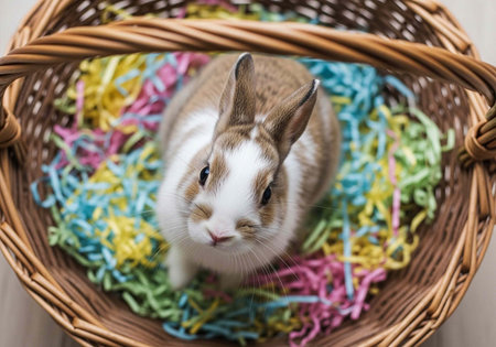 Cute rabbit sitting in wicker basket filled with pastel shredded paper, looking up at camera.
