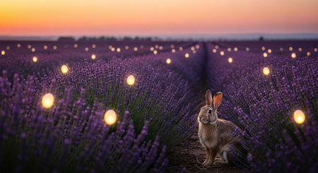 A rabbit sits calmly in a purple lavender field surrounded by glowing orbs at sunsetの写真素材