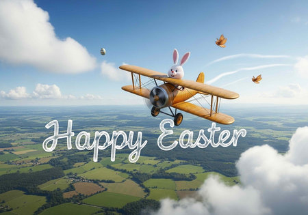Whimsical Easter scene with bunny in vintage plane soaring over green fields and clouds