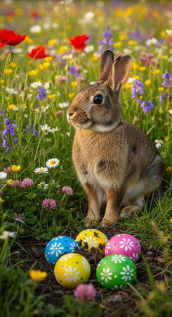 Rabbit sitting in a vibrant flower field surrounded by colorful Easter eggs and wildflowers.