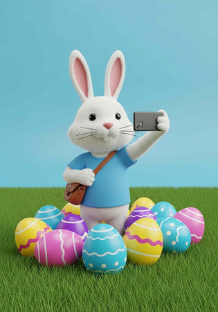 White Easter bunny taking selfie with smartphone surrounded by colorful decorated eggs on green...