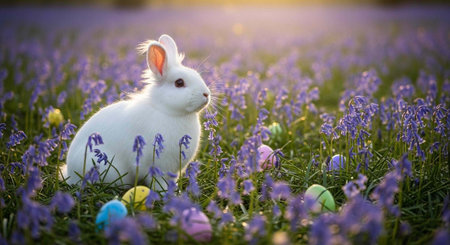 A white rabbit sits in a field of purple flowers surrounded by colorful Easter eggs.の写真素材