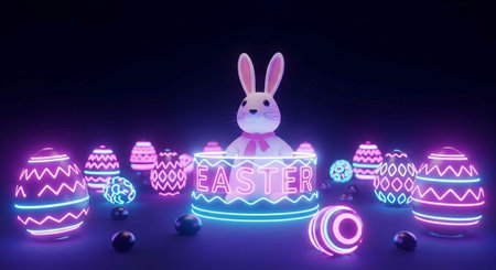 A white Easter bunny sits on a neon-lit Easter sign surrounded by colorful eggs and candiesの写真素材