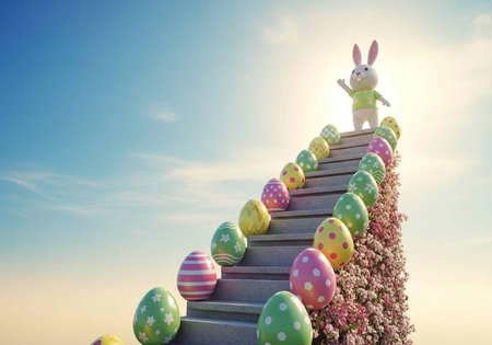 A bunny in green stands on a staircase with Easter eggs and flowers under a sunny blue skyの写真素材