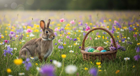 A brown rabbit sits beside a wicker basket filled with pastel-colored eggs in a lush meadow.