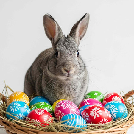 A gray rabbit sits in a wicker basket filled with vibrant, patterned Easter eggs and hayの写真素材