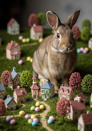 A brown rabbit stands on green grass surrounded by miniature houses, trees, and Easter eggs.の写真素材