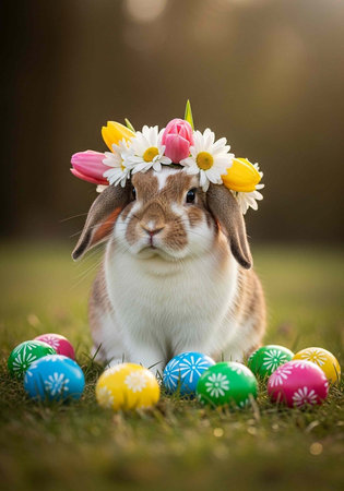 Brown and white bunny wearing a flower crown sits with decorated Easter eggs on grassの写真素材