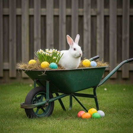 Adorable white rabbit in a green wheelbarrow with hay, eggs, and spring flowers on grass
