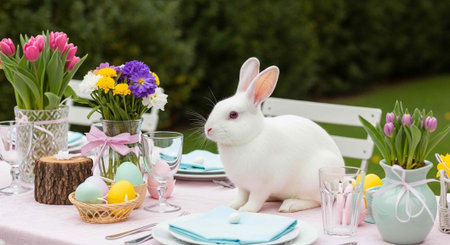 White rabbit sitting at a pink table set with flowers, eggs, and glassware outdoors