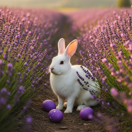 A white rabbit sits in a field of lavender flowers with purple Easter eggs around it.の写真素材