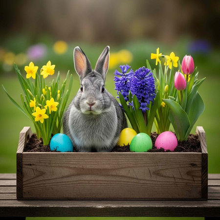 Gray rabbit sitting in wooden planter with vibrant flowers and Easter eggs on a table