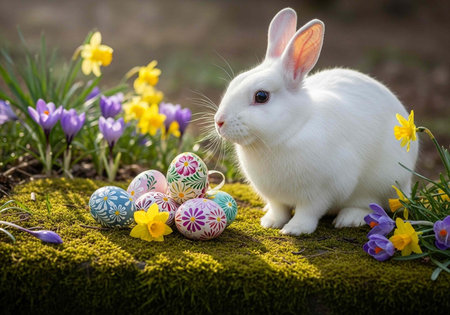 Adorable white rabbit surrounded by decorated eggs and vibrant spring flowers in a mossy garden