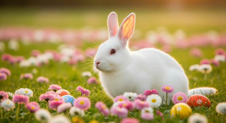 A white rabbit sits in a lush green field surrounded by pink, white, and yellow flowers and Easter...