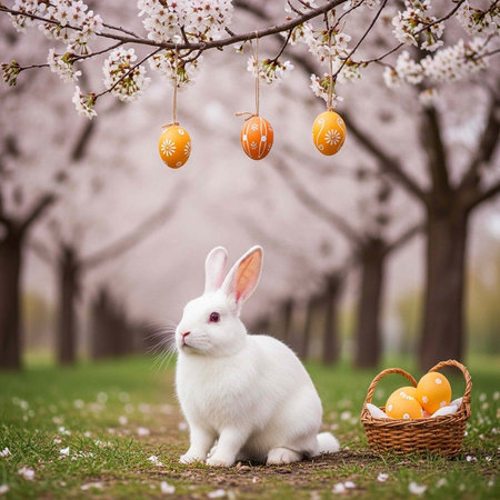 White rabbit sitting under blooming tree with Easter eggs in basket and hanging decorations