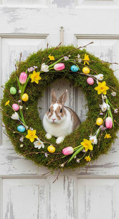 A rabbit sits in a moss wreath adorned with colorful flowers, eggs, and branches on a door.
