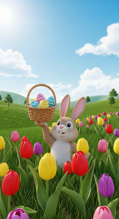 Cartoon bunny holding eggs in basket amidst vibrant tulips in green field under blue sky