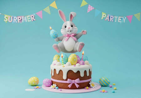 Whimsical Easter scene with chocolate cake, white icing, bunny, eggs, and pastel colors