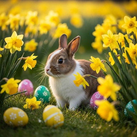 A brown and white bunny sits amidst yellow daffodils and decorated Easter eggs on green grass.