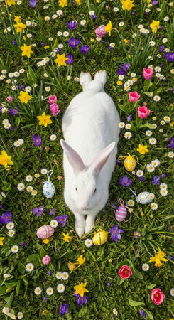 A white rabbit stands in a vibrant field of flowers with Easter eggs scattered around.