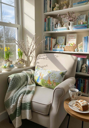 Comfortable armchair with throw blanket, pillow, and cup of coffee beside a bookshelf and window