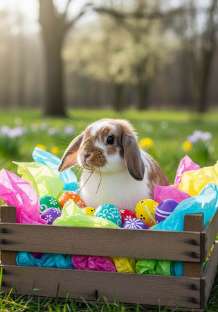 Brown and white rabbit sitting in wooden crate filled with Easter eggs and tissue paperの写真素材