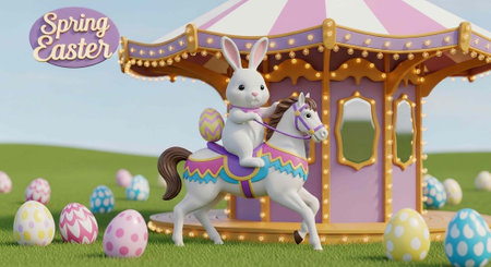 Easter bunny rides a white horse with colorful decorations on a purple merry-go-round with eggs.