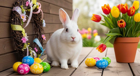 White rabbit sitting on wooden porch with Easter eggs, tulips, and decorative wreath nearby