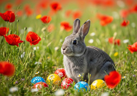 Gray rabbit sitting amidst red poppies and colorful Easter eggs in a lush green meadowの写真素材