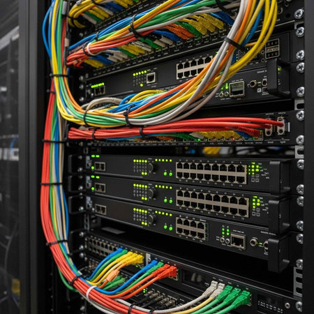 A close-up view of a server rack with colorful cables and networking equipment